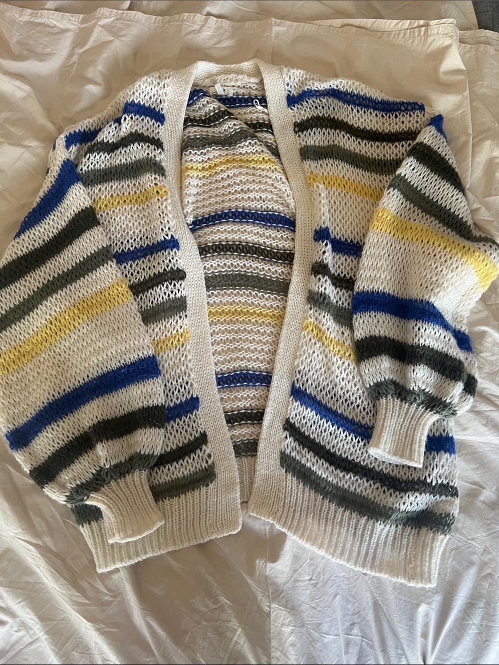 Aerie Striped Open Knit Cardigan in White, Blue, Green, Yellow Size S